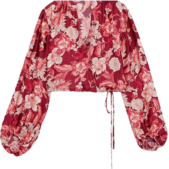 Zara Crop Wrap Front Tie Floral Blouse with Puffy Sleeves Size S - Picture 5 of 11